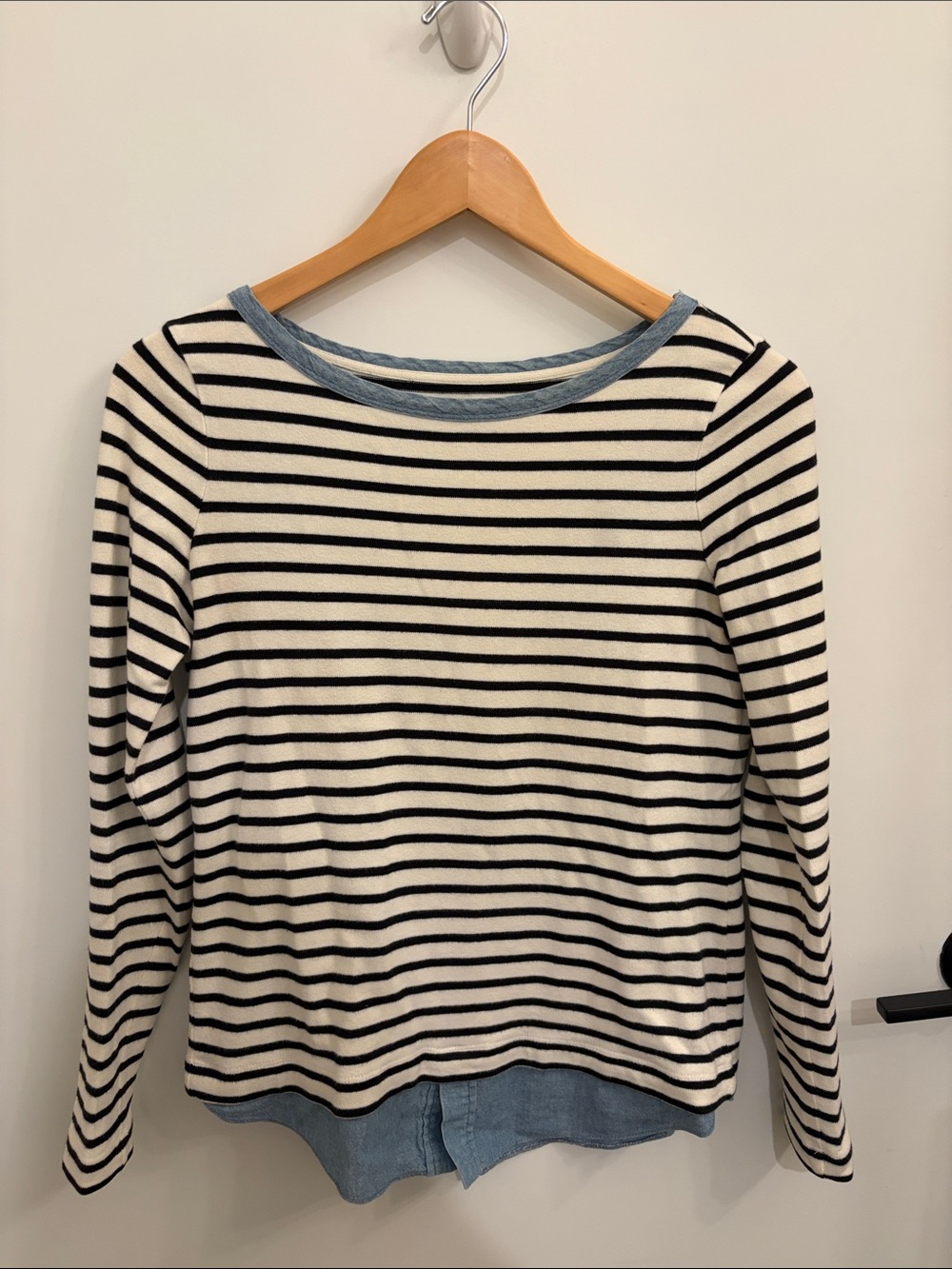 LOFT Black and Cream Striped Long-Sleeve Top with Denim Trim